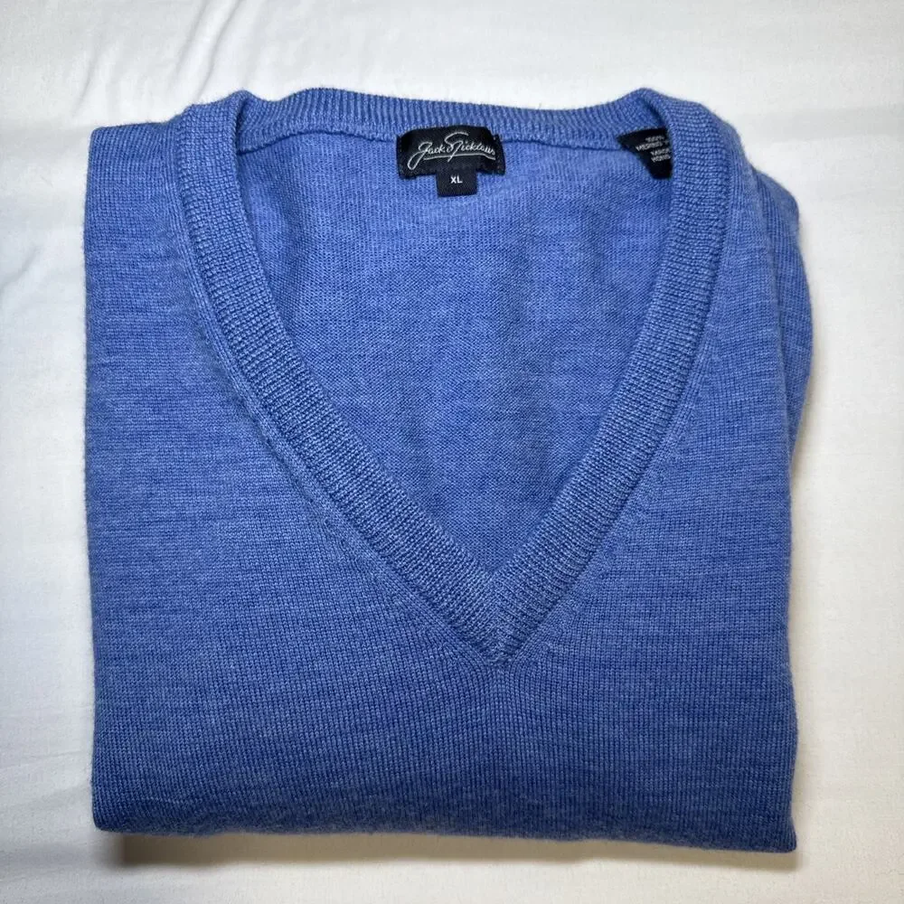Jack Nicklaus Sweater Mens XL Blue 100% Merino Wool Knit V-Neck Pullover EUC